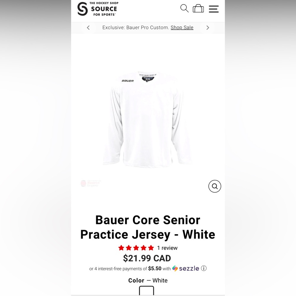 Bauer Practice jersey (XXL) in white, tried on once but was too big.